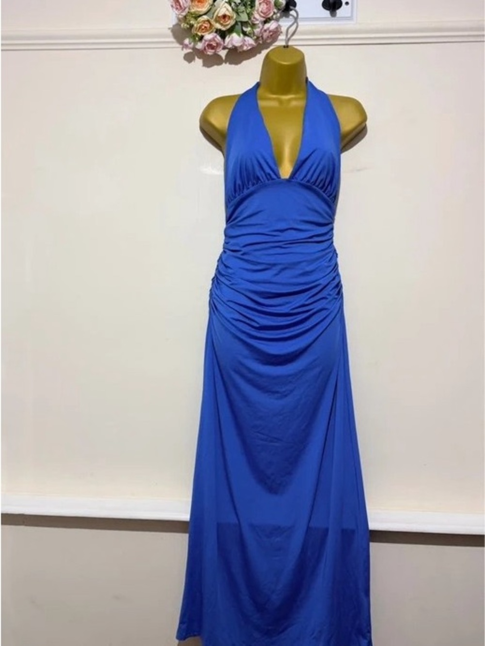 Halter Ruched Maxi Dress in Royal Blue